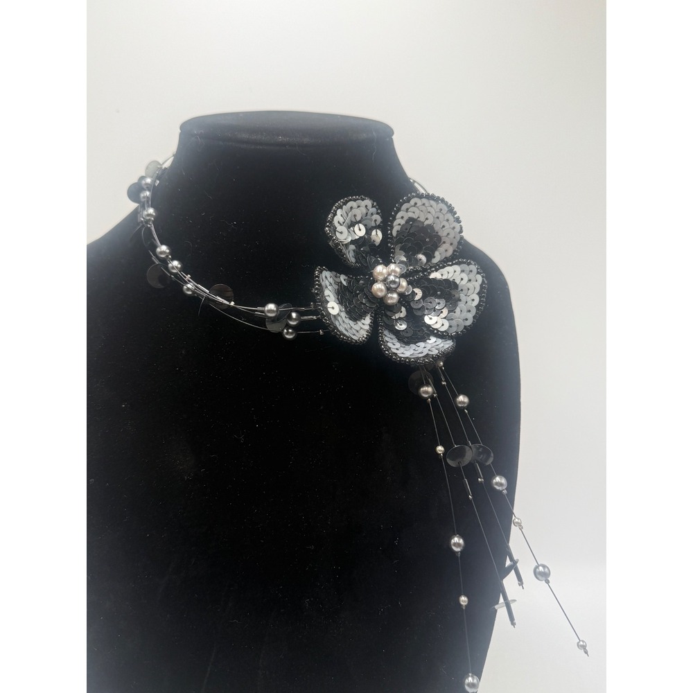 Handmade Black Sequin Flower Multi-Strand Statement Necklace Pearl Accents